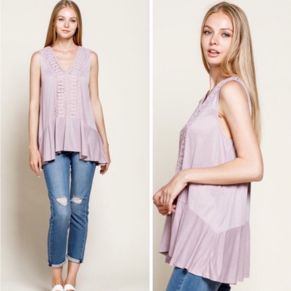 mittoshop Women’s Sleeveless Ruffle Hem Lace Detail Top S